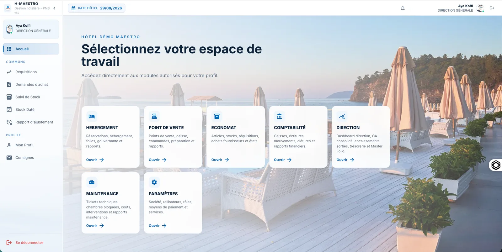 Écran d’accueil de H-MAESTRO : choix de l’espace de travail parmi Hébergement, Point de vente, Économat, Comptabilité, Direction, Maintenance et Paramètres.