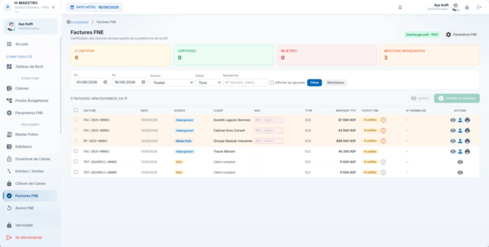 Factures FNE dans H-MAESTRO : compteurs à certifier, certifiées, rejetées et mentions manquantes, puis liste des factures hébergement, master folio et POS avec leur statut de certification auprès de la DGI.